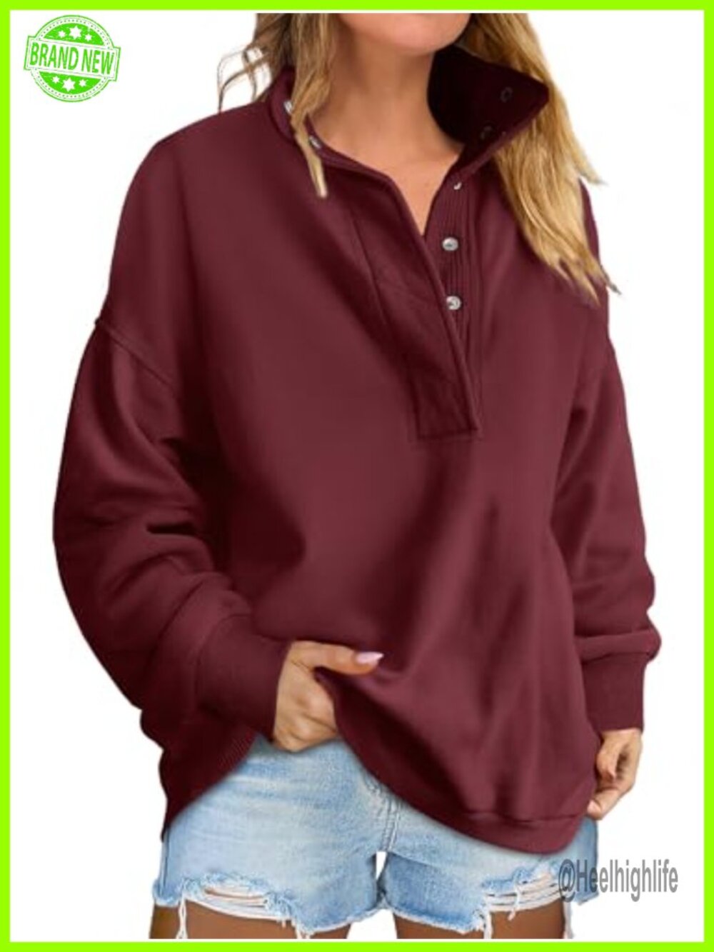 Womens Oversized Sweatshirt Mock Neck Henley Pullover Loose Fit